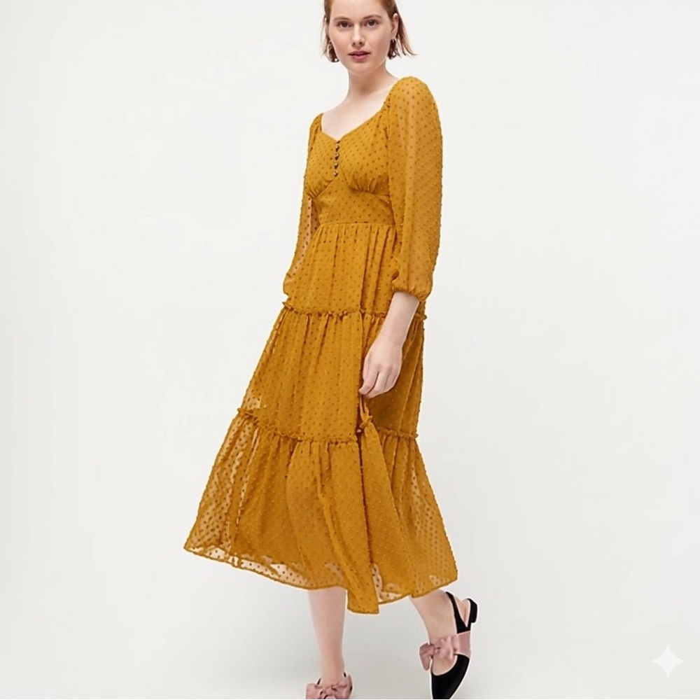 J. Crew Mustard Yellow Tiered Swiss Dot Cottagecore Midi Dress
